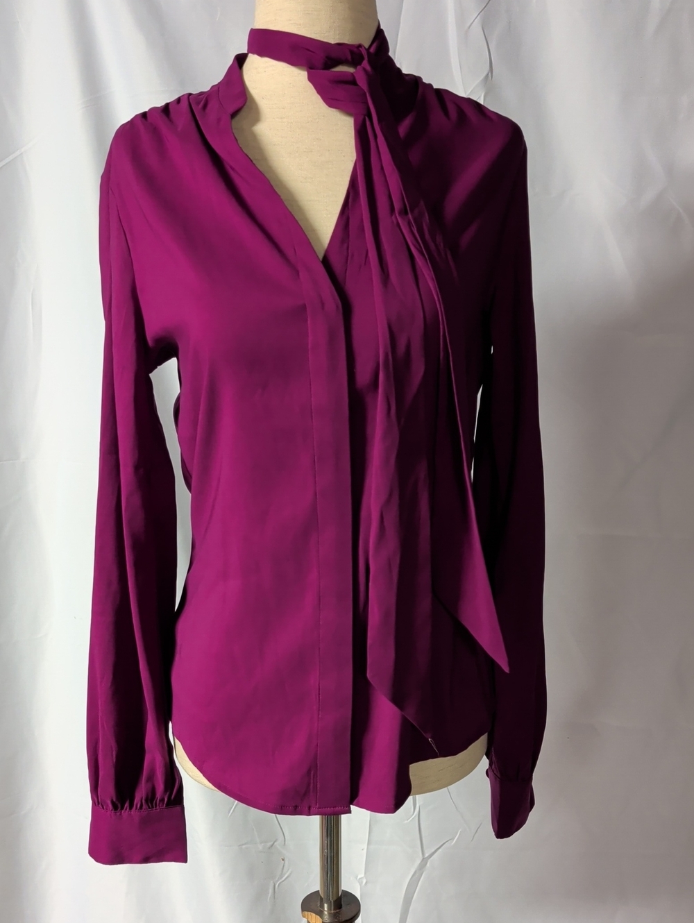 Express Magenta Tie-Neck Long Sleeve Blouse